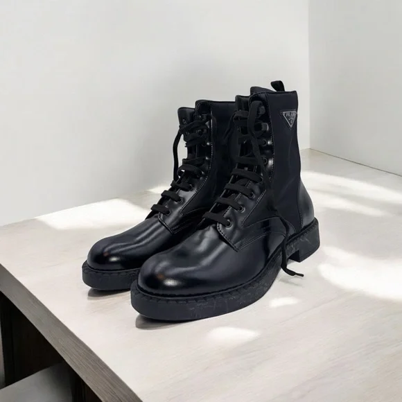 Prada Nylon & Leather Triangle Logo Combat Boots Buy Prada Black Nylon & Leather Triangle Logo Combat Boots  main image 3